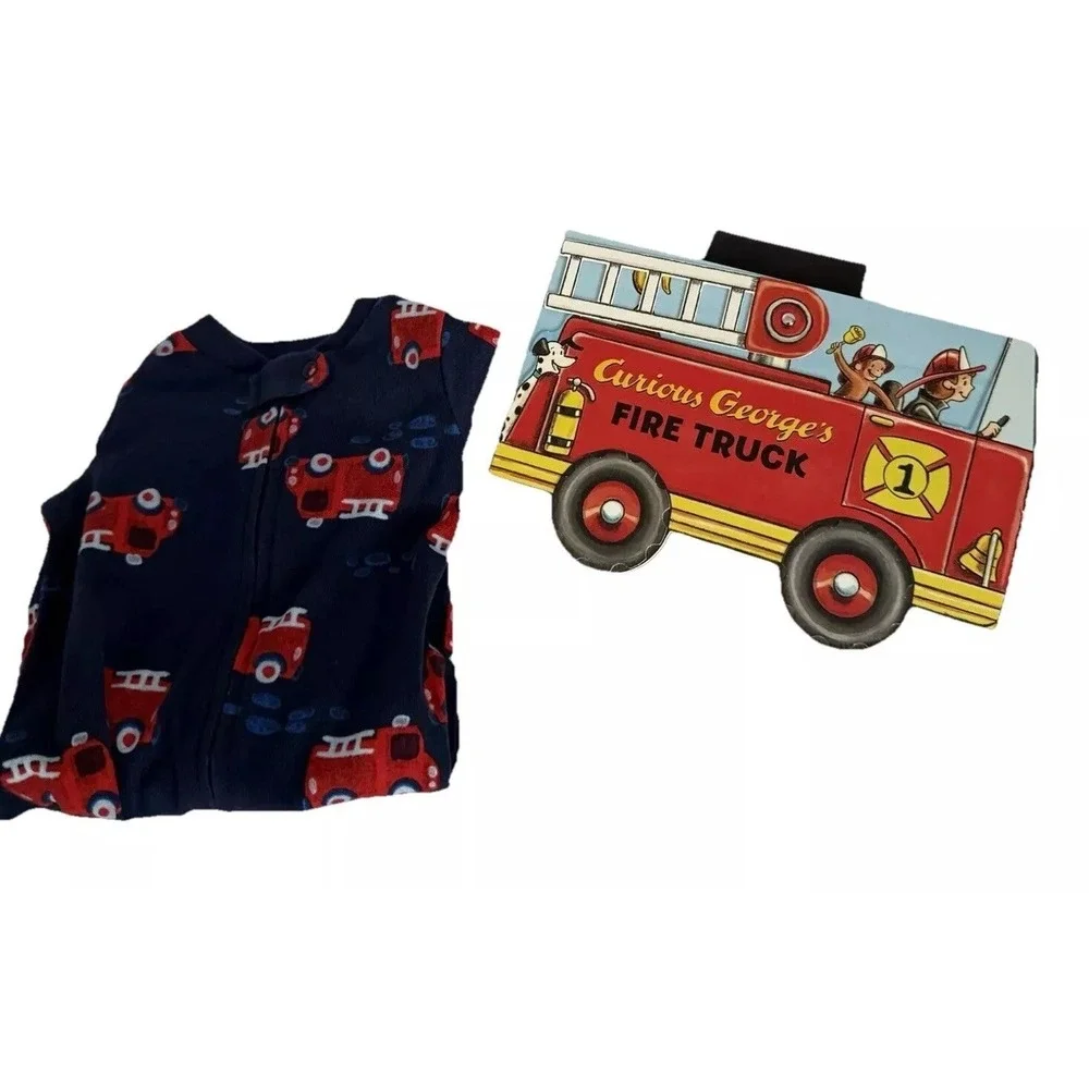 New Curious George‎ Fire Truck Book & Carters Fireman Print Sleep & Play Size 3M